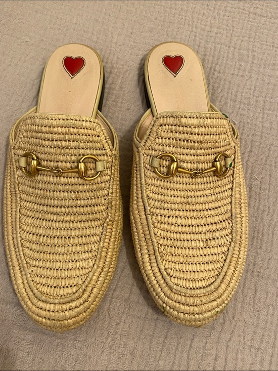 Gucci Shoes - Gucci Beige Raffia Mule Slides with Gold Horsebit. Size 39